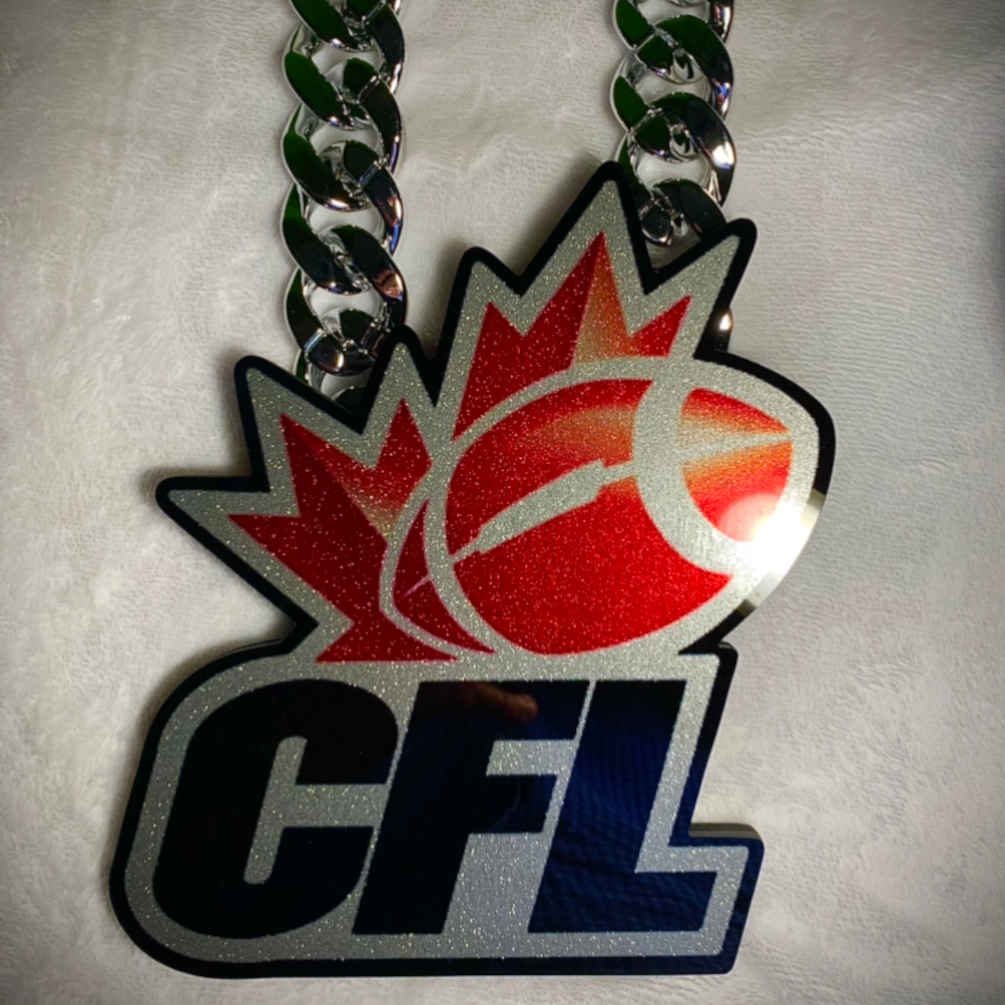 CFL logo pendant with red football graphic and silver sparkle.