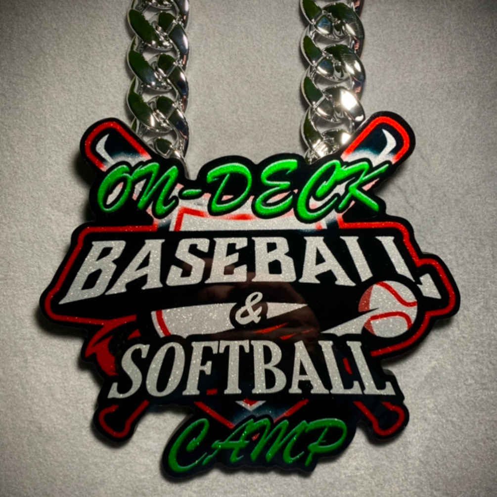 On-Deck Baseball and Softball Camp pendant with crossed bats.