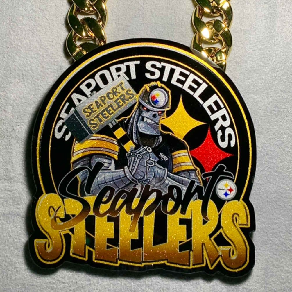 Seaport Steelers pendant with robot mascot and team lettering.