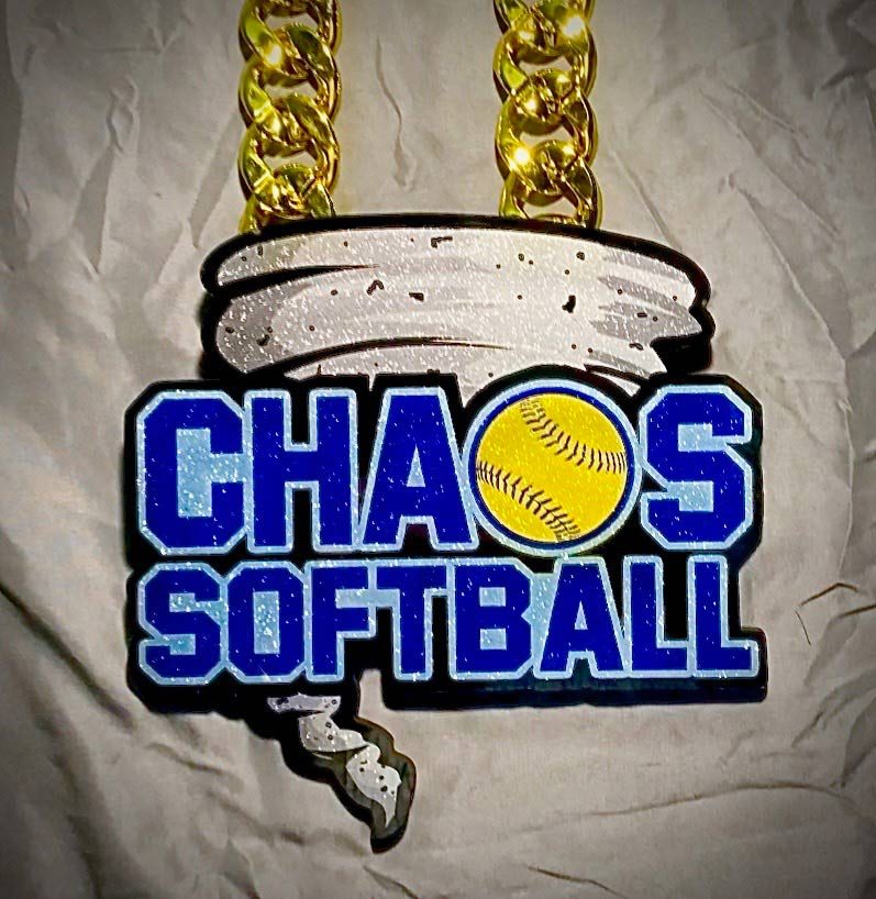 Chaos Softball pendant with tornado graphic and softball icon.
