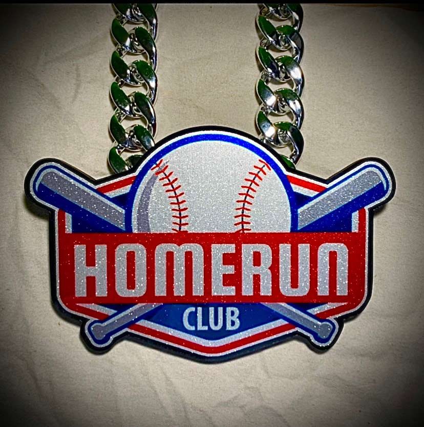 Home Run Club pendant with baseball and crossed bats.