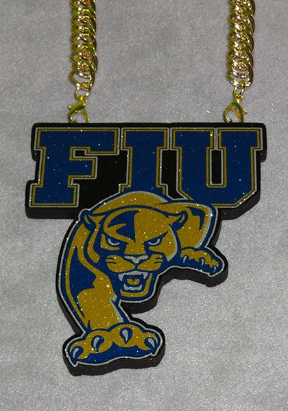 FIU panther logo pendant in blue and gold.