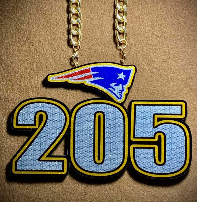 205 number pendant topped with a Patriots logo.