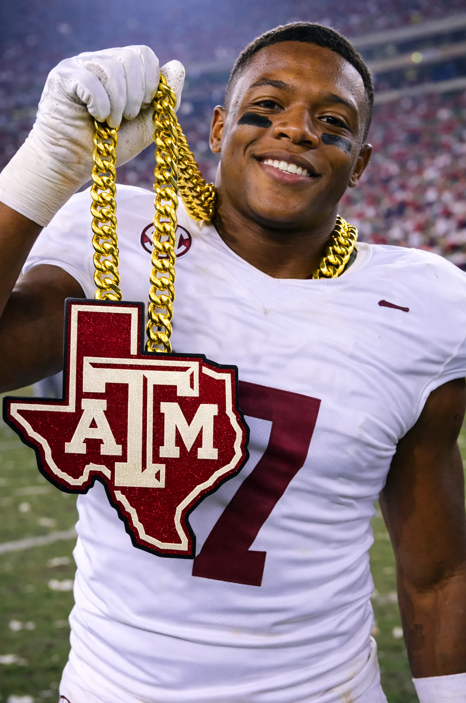 Football player wearing a Texas A&M inspired pendant.