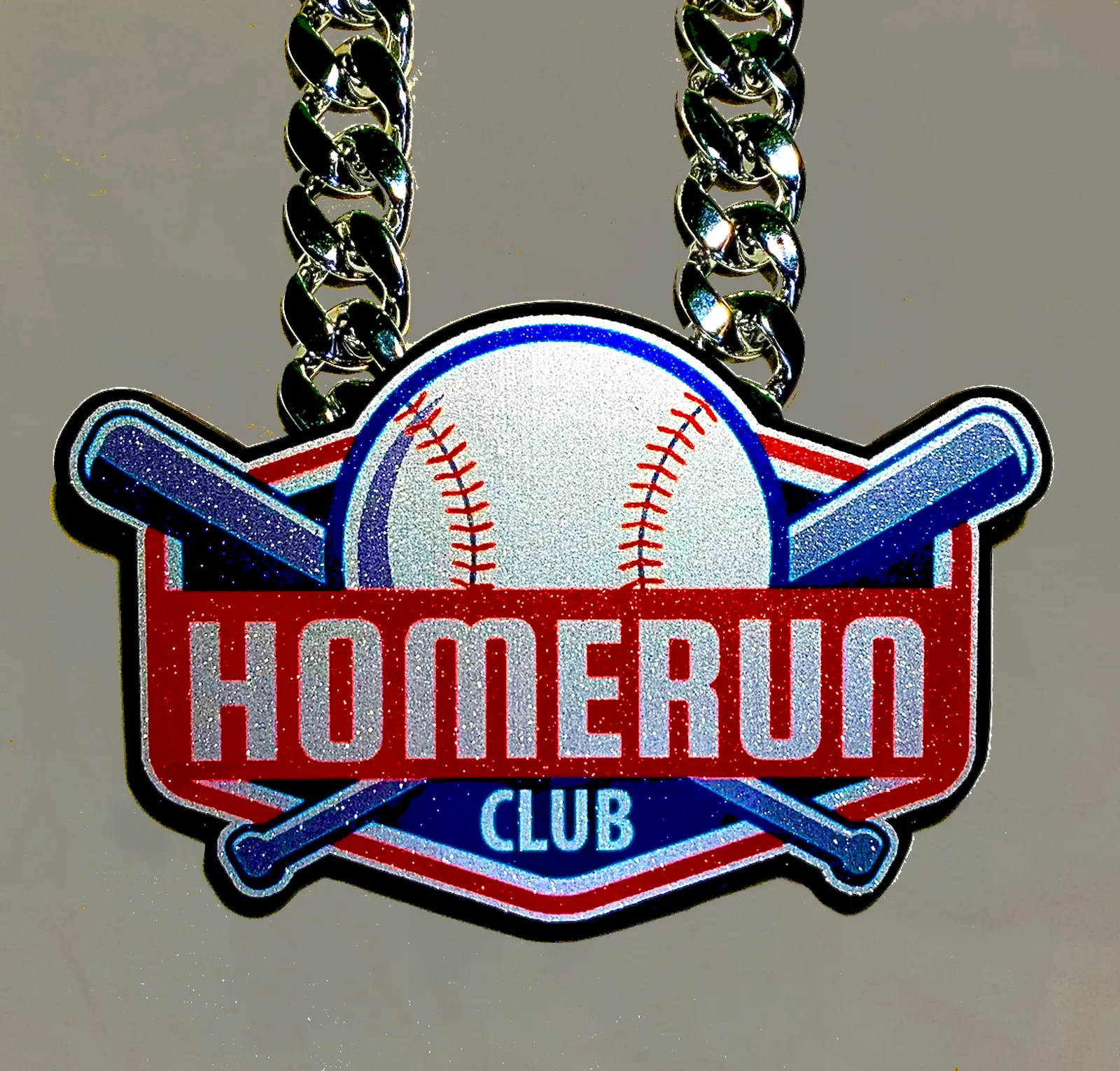 Baseball Home Run Club pendant with bat details.