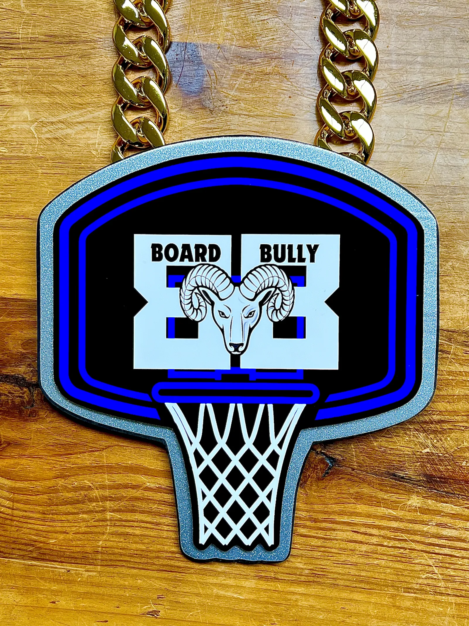 Board Bully basketball hoop pendant product shot.